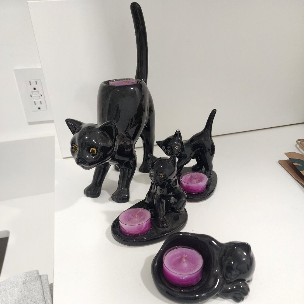 Partylite black cat and kittens tealight holders